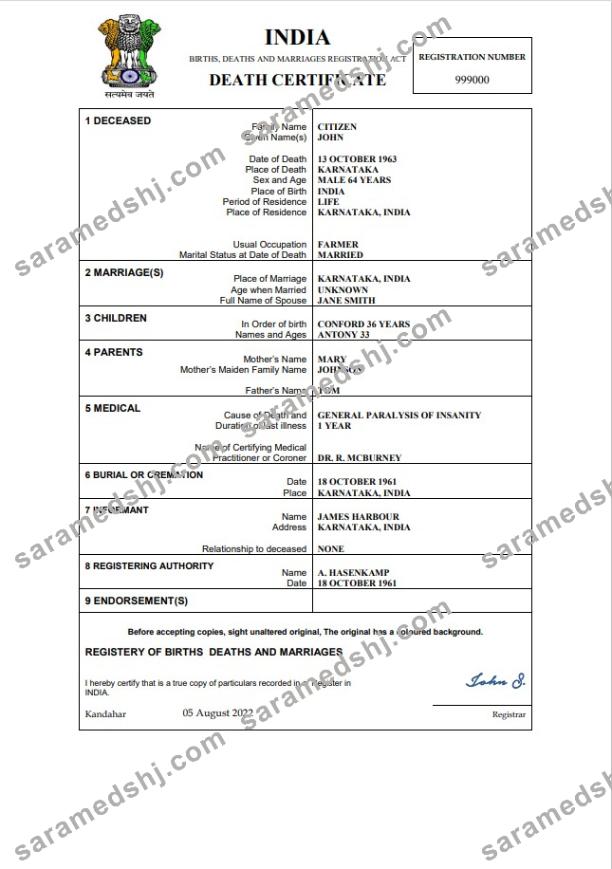 India death certificate Word and PDF template,